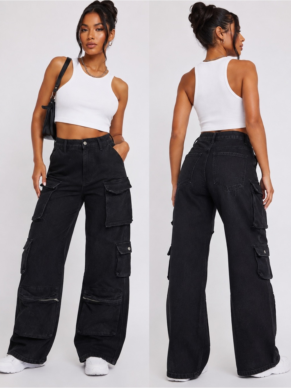 PrettyLittleThing Tall Black Multi Pocket Cargo Jeans Size 8 Utility Wide Leg